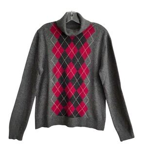 Gray Red Black Argyle Cashmere Turtleneck Sweater L